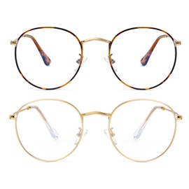 Onrtry Circle Blue Light Glasses for Women Men Round Metal Frame Computer Gaming Eyeglasses 2 Pack(Tortoise+Gold)