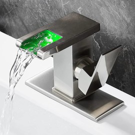 Y-Garhe Waterfall Bathroom Faucet, LED Faucet Waterfall, Brushed Nickel Bathroom Faucet, Single Hole Bathroom Faucet, Waterfall Bathroom Sink Faucet, Bathroom Faucet with LED Light