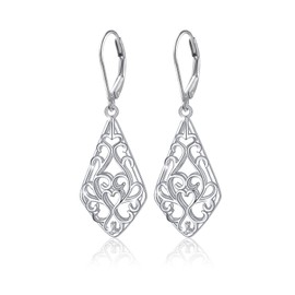 Kite Shaped Geometric Teardrop Filigree Dangle Drop Leverback Earrings Sterling Silver Jewelry New Year Valentine's Day Birthday Gifts for Women