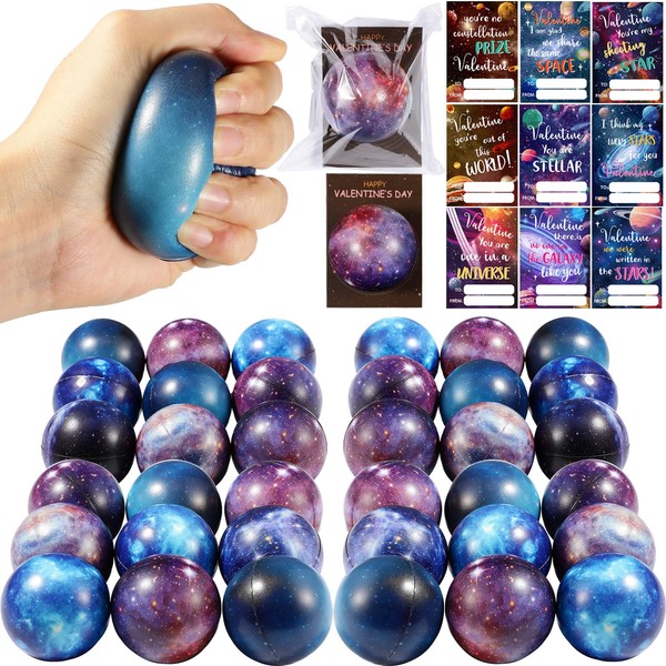 36 Pack Valentine's Day Gift Cards with Galaxy Stress Balls for Valentine's Galaxy Pattern Cards Space Theme Galaxy Stress Balls Set for Valentine's Day Classroom Exchange Gift