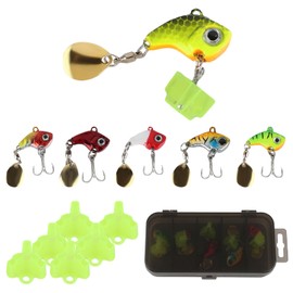 6 Piece Jig Spinner, Fishing Lure Set with 1 Box and 6 Fish Hook Protectors, 10 g Spinner Bait Wobble Surface Bait Artificial Bait for Bass, Trout, Pike, Walleye, Catfish, Chub