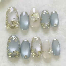 24 Pcs Flower Press on Nails Short Almond Fake Nails Gold Leaves & Pearl with Designs Full Cover Stick on Nail Glossy Blue Acrylic Artificial Nail for Women Nails Manicure Decoration