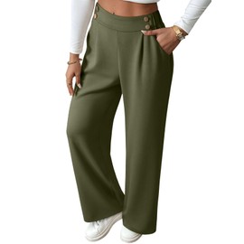 EVALESS Womens Wide Leg Pants High Waisted Business Work Casual Petite Slacks Ladies Loose Stretchy Straight Double Button Pleated Dress Trousers Fall Fashion 2025 Pants with Pockets Green Small