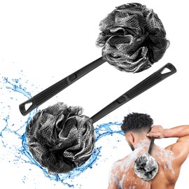 Loofah with Handle & Shower Brush Charcoal 2 Pack- Back Scrubber for Shower for Men & Women, Body Brush Ideal for Exfoliation, Back Loofah for Shower with Bath Brush, Long Handle for Shower Back Brush