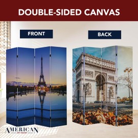 American Art Decor 4-Panel Dressing Room Divider - Double-Sided Paris Eiffel Tower & Arc de Triomphe Canvas - Portable Folding Privacy Screen for Room Separation (70" H)