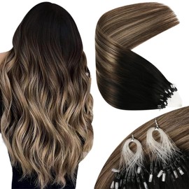 Sunny Hair Sunny Hair Micro Loop Hair Extensions Real Human Hair Soft Micro Ring Hair Extensions Human Hair Black Balayage Dark Brown Ombre Medium Ash Blonde Micro Hair Extensions Black for Women 50g 20inch