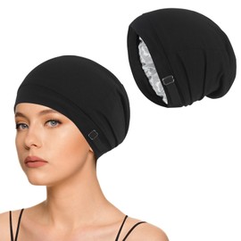 NiCola Adjustable Sleeping Cap, Satin Lined Sleep Bonnet, Satin Bonnet Sleep Cap, with Adjustable Strap, Beanie Night Sleeping Hat for Women and Men Hair Care (UK, Numeric, 1, Black)