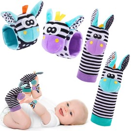 uunida baby Pack de 4 Calcetines y muñequeras Sonajas para Bebe 0 a 3 Meses - Juguetes para Bebe de 0 a 6 Meses y de 6 a 12 meses - Estimulacion Temprana para Bebe con Sonido y Colores Brillantes (Morado)