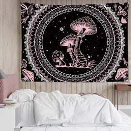 SCECALA Pink Mushroom Tapestry Boho Mandala Pattern with Pink Mushroom Wall Tapestry Black and White Star Tapestry Wall Hanging for Bedroom Living Room Teen Dorm Party Home Decor 60x40 Inch