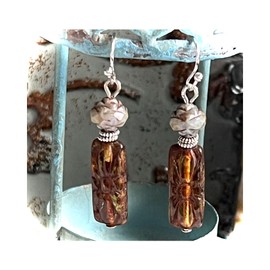 Silver with Etched Gray Rose and Brown Czech Bead Dangle Earrings. Jewelry Earrings for Women #3298FE3905