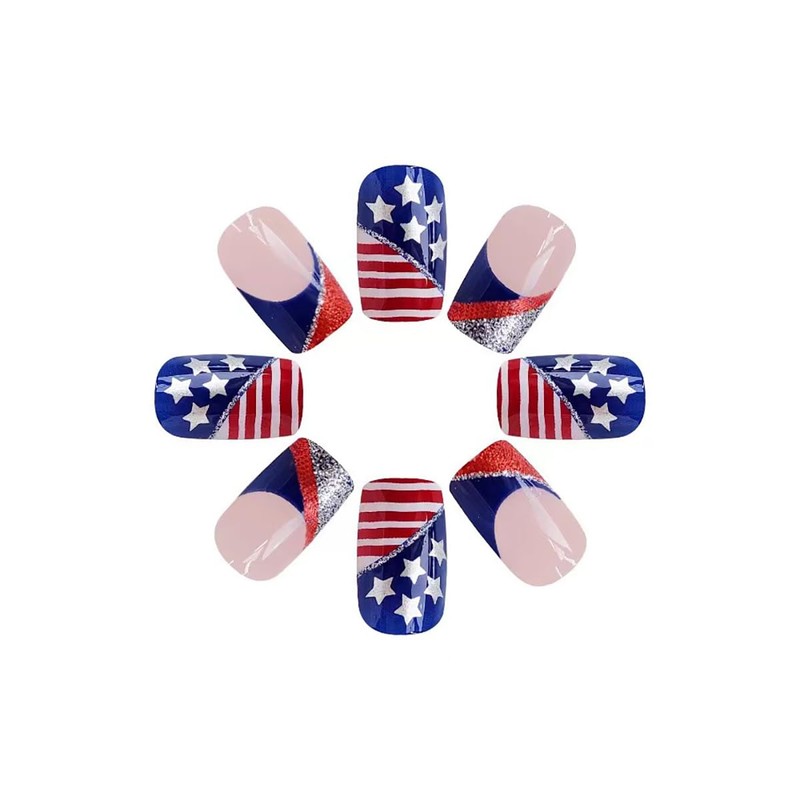 KTAABTR French Tip Press on Nails Short Square Independence Day