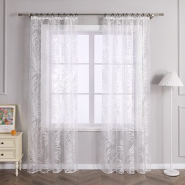 Delien Voile Burnout Curtain with Leaves Pattern, Transparent Curtain with Ruffle, Tape Living Room Curtain Shawls W x H 140 x 175 cm, White – Pack of 1.