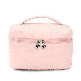 Quilted Cosmetic Travel Case, Pink Makeup Bag with Heart Charm Zipper, Soft Portable Toiletry Organizer