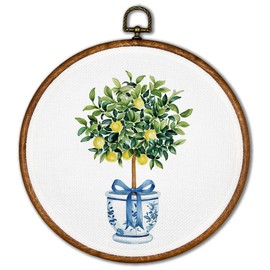 KSDUT Chinoiserie Vase Wall Decor Art - Lemon Tree Bows Textile Wall Art Canvas Frame Hanging Prints, Blue and White Coquette Preppy Trendy Round Wall Art Decor for Home Kitchen Decorations 10"x10"