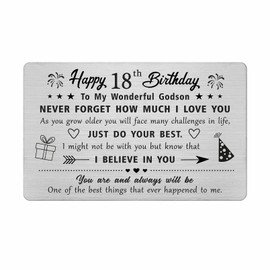 FALOGIJE 18th Birthday Cards Gifts for Godson, Birthday Gifts for 18 Year Old Godson, Engraved Metal Wallet Card