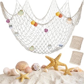 Ihvewuo 2 Pcs Fish Netting Decoration Beige Nautical Fish Net Cotton Decorative Fishing Net Wall Hangings Fishnet Fish Netting for Beach Mermaid Party Home 39.4 x 78.7in(2PCS,Beige)