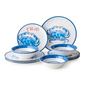 Beach House Crab 12-Piece Melamine Dinnerware Set – Vibrant Coastal Charm, Service for 4, Blue & White Nautical Design, Durable, Shatterproof, Lightweight, and Dishwasher-Safe