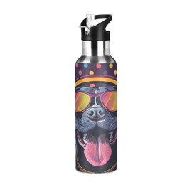 Pitbull Headphones Dog Colorful Dots Water Bottle Leakproof Insulated Stainless Steel Hot Cold Water Flask with Straw Lid for Sports Travel 20 oz