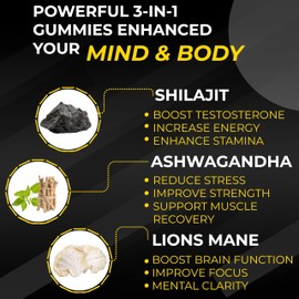 MountSpirit Pure Organic Himalayan Shilajit Gummies with Lion's Mane Mushroom and Ashwagandha 3-in-1 Max High Strength by MountSpirit?,Fulvic & Humic Acid and 85+ Minerals, for Energy, Immunity & Focus