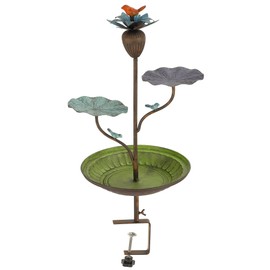 Retrome Deck Mounted Bird Bath Feeder Combo for Outside, Iron Railing Bird Feeder BirdBath for Balcony Porch, Lotus Theme