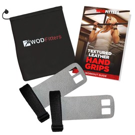 WODFitters Textured Leather Hand Grips for Cross Training, Kettlebells, Powerlifting, Chin Ups, Pull Ups, WODs & Gymnastics – with Grips Storage Pouch, Extra Small