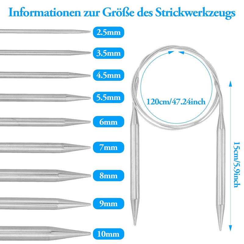 Circular Knitting Needles 120 cm, 9 Pieces Stainless Steel Knitting