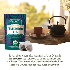 Starwest Botanicals Organic Elderberry Tea - Caffeine Free Herbal Tea Blend, Immune System Support, String Free Sachets, USDA Organic Elderberries & Elder Flower, Non GMO - Bulk Pack, 100 Tea Bags