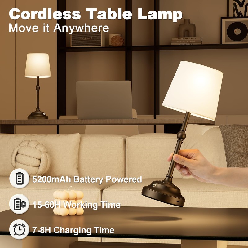 VOLISUN Cordless Table Lamp, 5200mAh Battery Operated Lamp, Touch Dimmable