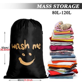 IHOMAGIC 2Pack Laundry Bag Extra Large 100-120L, Foldable Storage Bag with Drawstring Cord Lock Closure, Nylon Clothes Bags for Bedroom or Dormitory and travel, Golden Smile Fabric Bag, Black/Silver