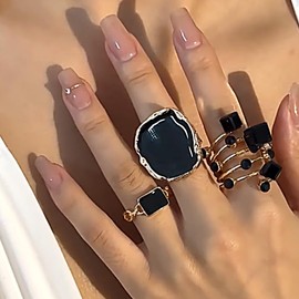 3Pcs 14K Gold Statement Rings for Women Chunky Black Oil Drip Knuckle Rings Set Vintage Aesthetic Enamel Midi Ring Pack Trendy Everyday Jewelry Gifts (Black Gold)