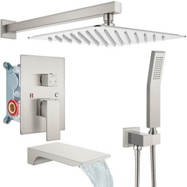 gotonovo Shower System with Tub Spout,Waterfall Tub Shower Faucet Set for Bathroom with 10 inch Rain Shower Head and Handheld Spray Wall Mounted Rough-in Valve and Trim Included Brushed Nickel