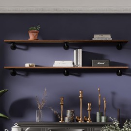 Industrial Pipe Shelving Shelf,Pipe Wall Shelves Wood Shelf:Kitchen Shelves Shelving, 72 Inches Wood Long Floating Shelves for Wall Farmhouse Pipe Book Shelves Dark Brown for Decor and Bar Shelving