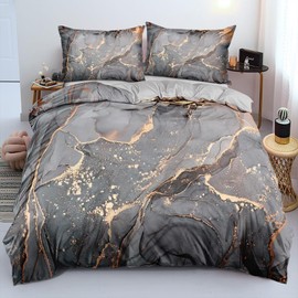 Luowei 3D Bed Linen, Grey and Gold Marble Pattern, Modern Microfibre Duvet Cover with Zip, 200 x 200 cm, and 2 Pillowcases, 80 x 80 cm