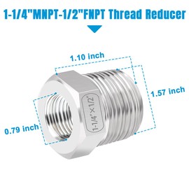 Quickun Stainless Steel Reducing Hex Bushing, 1-1/4" Male NPT to 1/2" Female NPT, Reducer Bushing Pipe Hose Fitting
