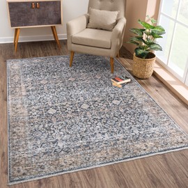 Bloom Rugs Caria Washable Non-Slip 5x7 Rug - Dark Blue/Tan Traditional Area Rug for Living Room, Bedroom, Dining Room, and Kitchen - Exact Size: 5' x 7'