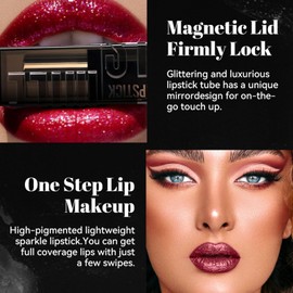 Glitter Lipstick Moisture Metallic Shine Metallic Lipstick Shimmer Lip Gloss Soft and Ultra Hydrating Metallic Shimmer Lipstick Long Lasting Waterproof Non-Stick Cup Glitter Lipgloss