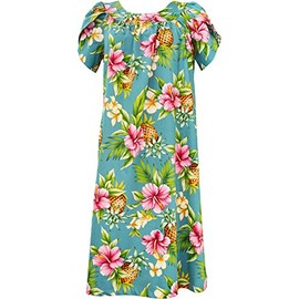 RJC Women's Pineapple Paradise Tea Length Hawaiian Muumuu House Dress Blue Large