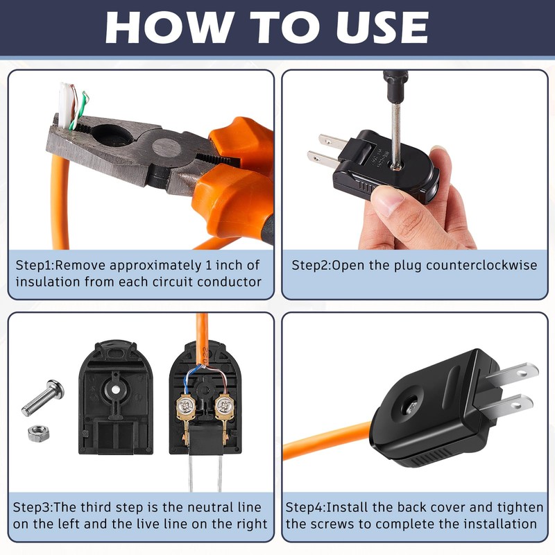 Flutesan 15 Pcs Extension Cord Replacement Plug 2 Prong 250V