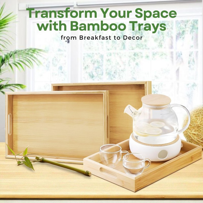 Flexzion Bamboo Trays for Serving Food - 3 Pack Bamboo