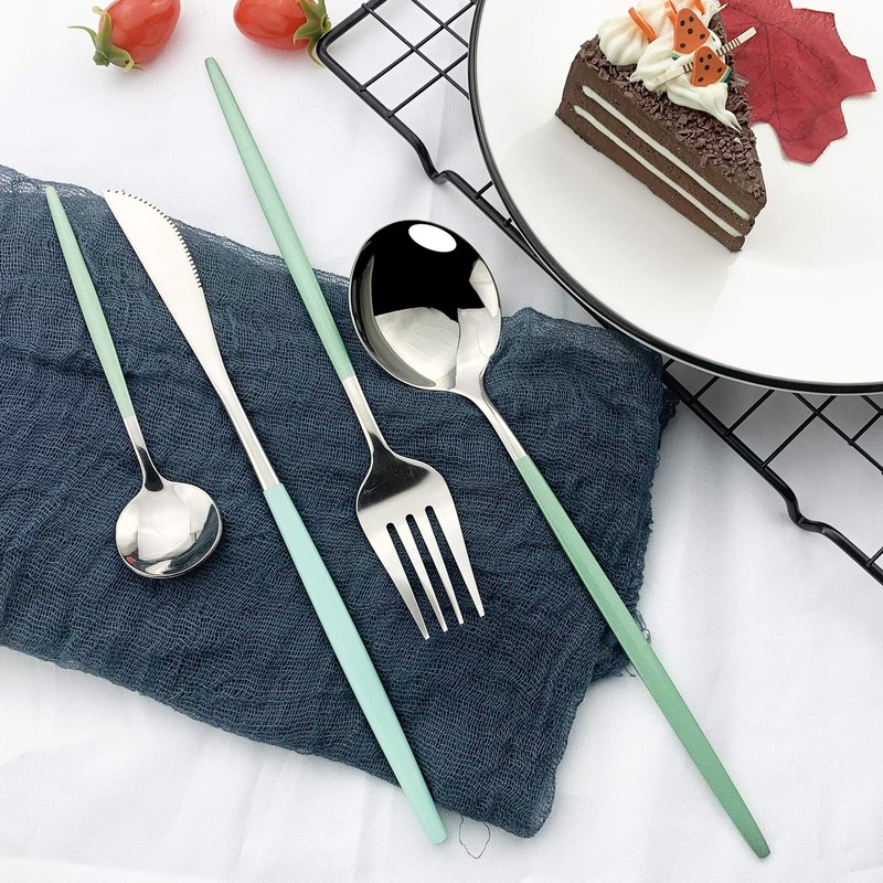 JASHII 24 Piece Titanium Mint Green Plated Stainless Steel Flatware