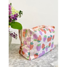 Jolie Fille Canvas Makeup Bag Cosmetic Pouch for Travel Make Up Accessories for Women and Girls. (Peach Strawberry)