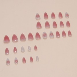 LOPMNGHT Press on Nails Medium Almond Shaped Flower False Nails with 3D Floral Design Nude Pink Smudge DIY Stick on Nails Artificial Acrylic Nails Full Cover Coffin Nails Glue on Nails for Women