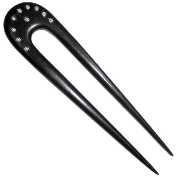JWL (1) Ebony 2-Prong 4 5/8 Inch Hair Stick with Nickle Silver Wire Pin Inserts Pick Pic Pin Fork - Hawaiian Style