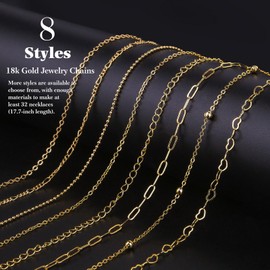 Ecoofor 18k Gold Necklace Chains for Jewelry Making, 52.5 Feet 8 Rolls Bracelet Chains for DIY,6.5 Feet Each Style, Gold Filled Chain with Jump Rings/Lobster Clasps/Connectors