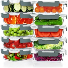 VERONES 10 Pack 22 OZ Glass Meal Prep Containers, Airtight Glass Lunch Containers Set, Glass Food Storage Containers with Lids,Exclusive of BPA, for Microwave, Oven, Freezer & Dishwasher Friendly,Grey
