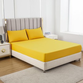 Soifox Double Fitted Sheet Yellow - Bed Sheets with Extra Deep Pocket 16 inch (40 cm), Soft Microfiber Bottom Sheet for Double Bed, 135x190cm