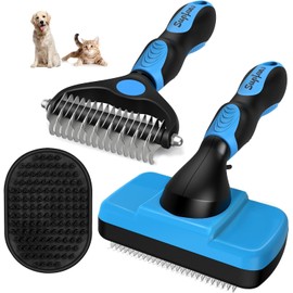 Dog Brush,3Pcs Dog Grooming Kit - Deshedding Brush, Slicker Brush, Bath Brush and Comb for Pet Supplies (Blue)