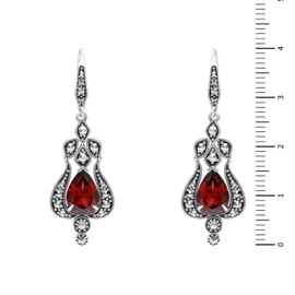 Esse Marcasite Sterling Silver Pear Cut Garnet & Marcasite Art Nouveau Long Drop Leverback Earrings