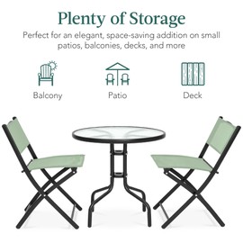 Best Choice Products 3-Piece Patio Bistro Dining Furniture Set w/Textured Glass Tabletop, 2 Steel Folding Chairs, Polyester Fabric - Sage