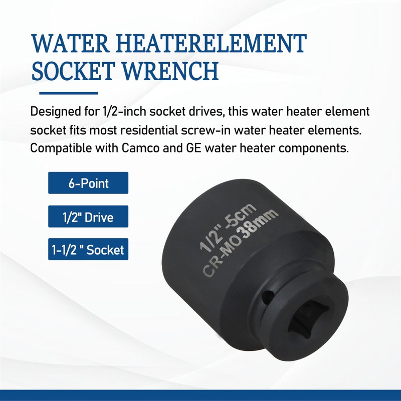 1-1/2" Water Heater Element Socket Wrench,6-Point Design,1/2" Drive,2 Pack